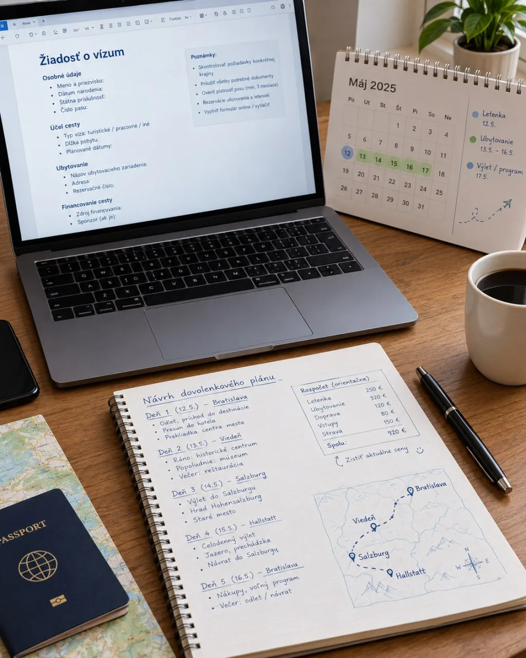 Pracovný stôl s notebookom, kalendárom, zápisníkom s plánom cesty, mapou a pasom