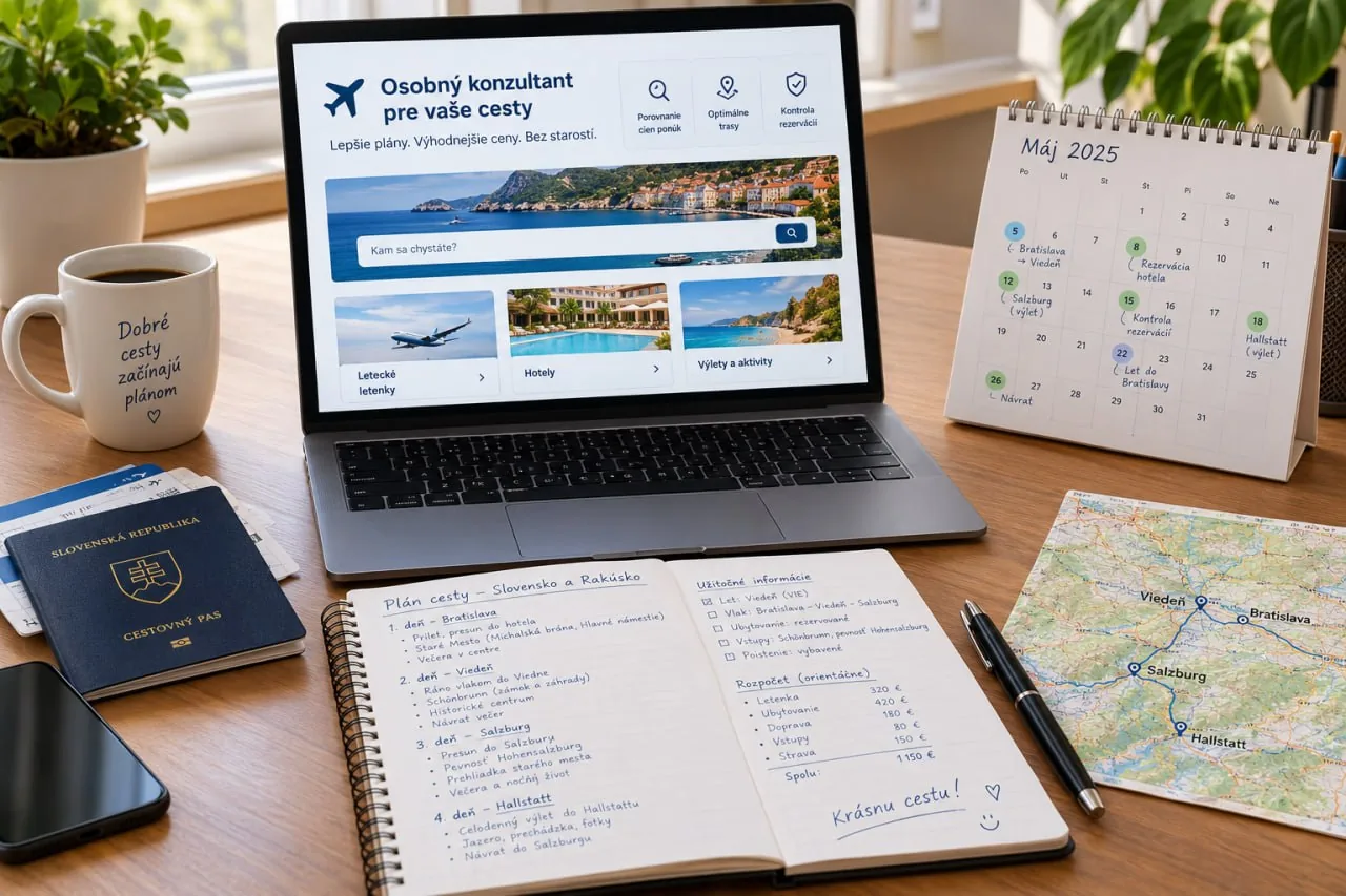Pracovný stôl s mapou, notebookom a zápisníkom