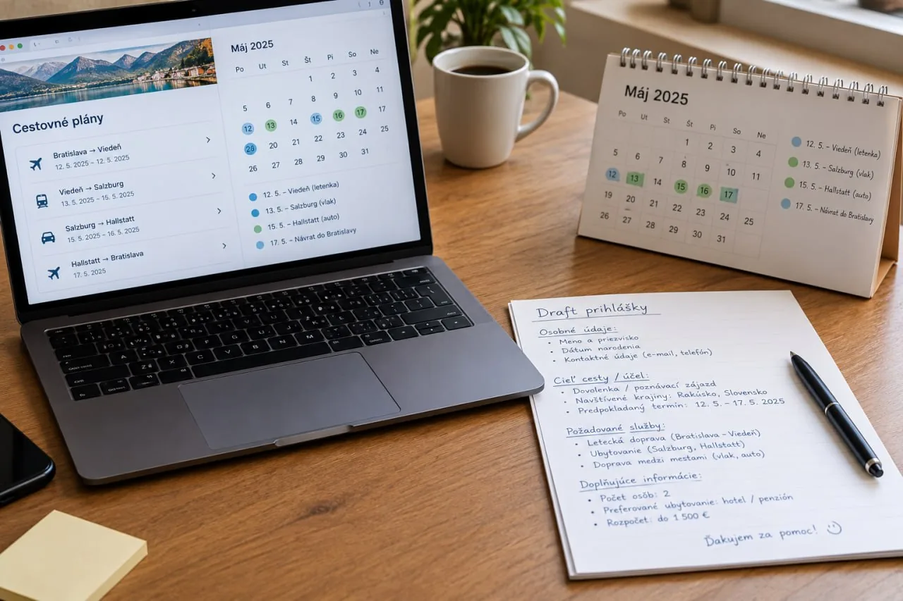 Notebook s rozpísanou žiadosťou o zmenu cesty a kalendár vedľa